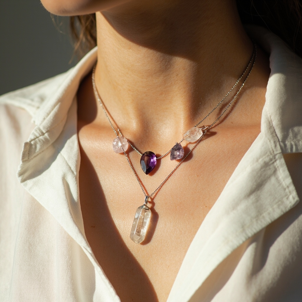Which crystal necklace looks best with a v neck shirt